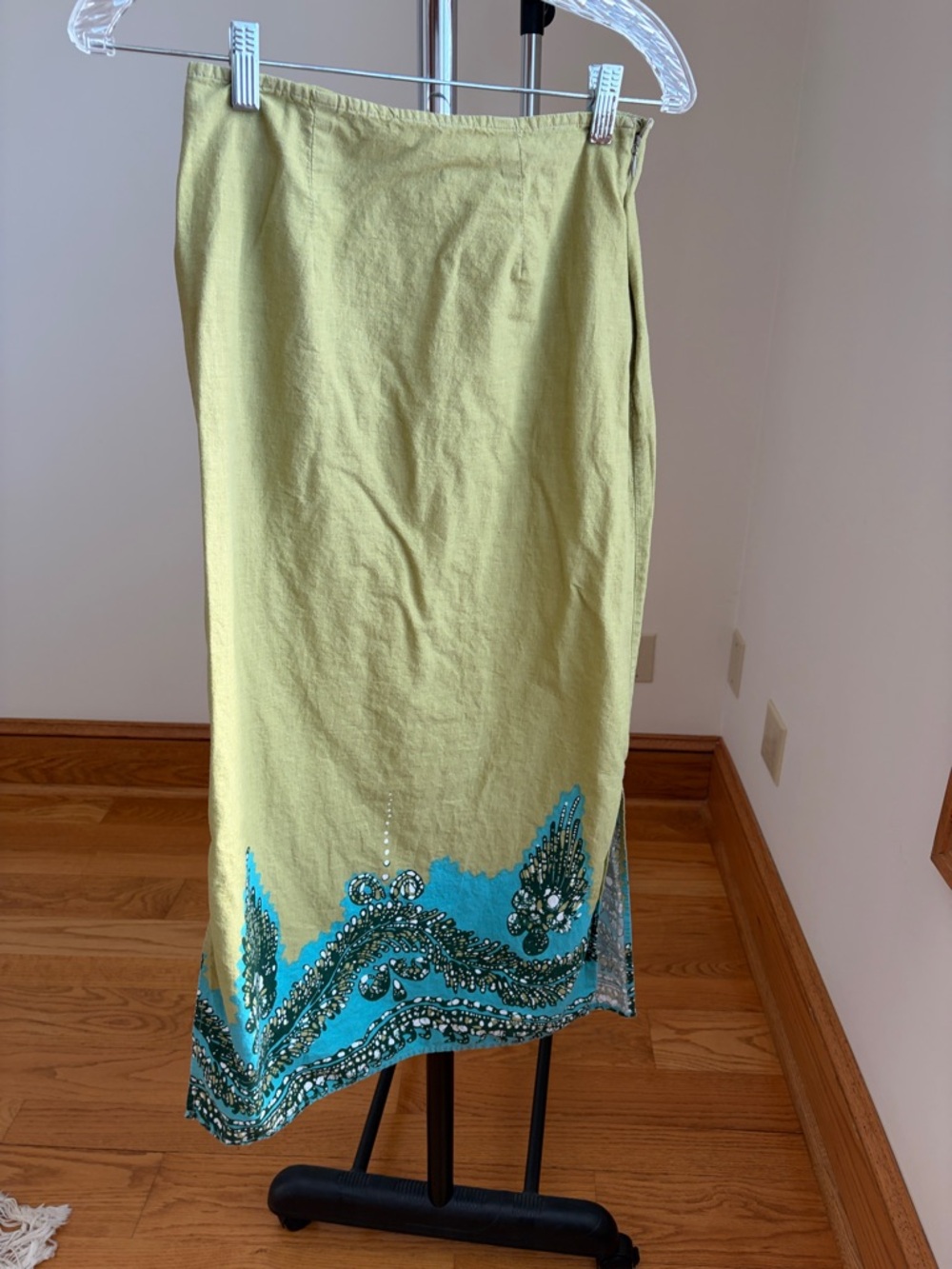Free People Lime Green Maxi Skirt with Turquoise Uniquely Patterned Hem